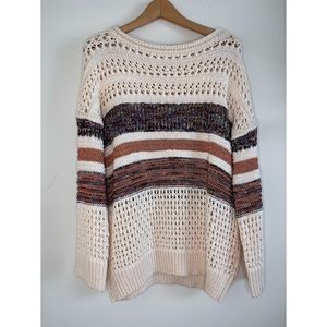 Ces Femme Open Knit Chunky Cream Metallic Crochet Sweater Boat Neck Size Small